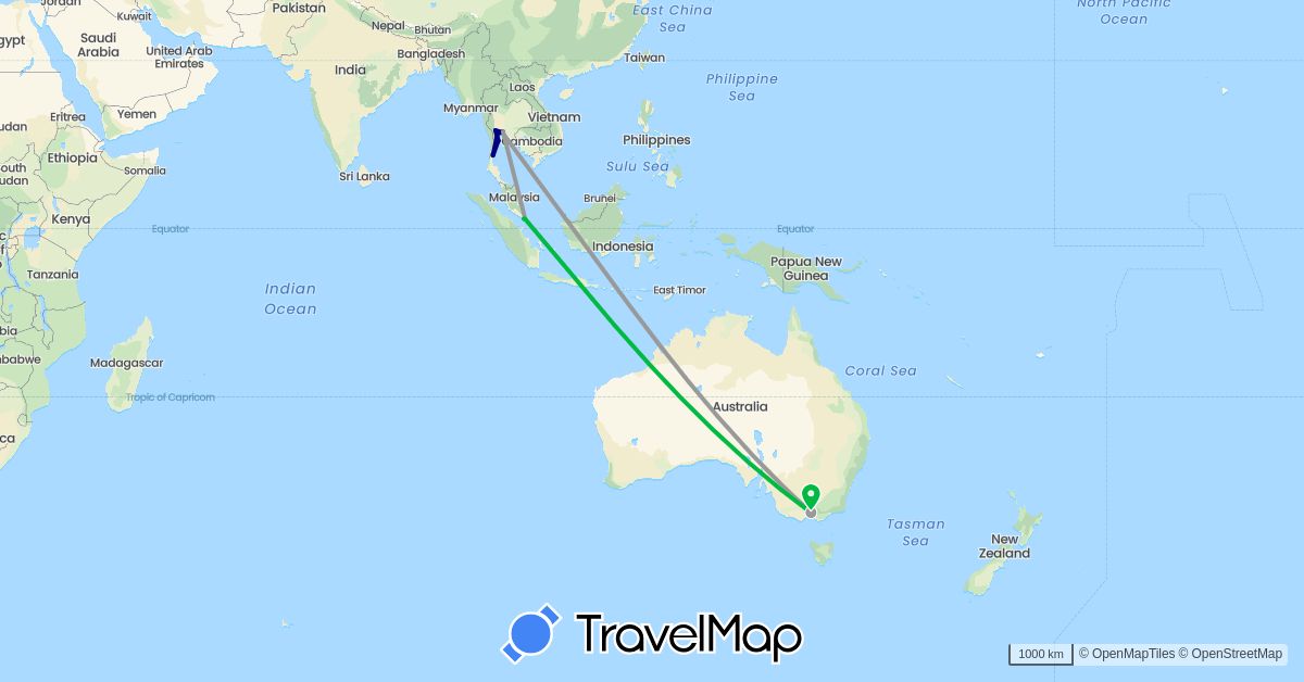 TravelMap itinerary: driving, bus, plane in Australia, Malaysia, Singapore, Thailand (Asia, Oceania)